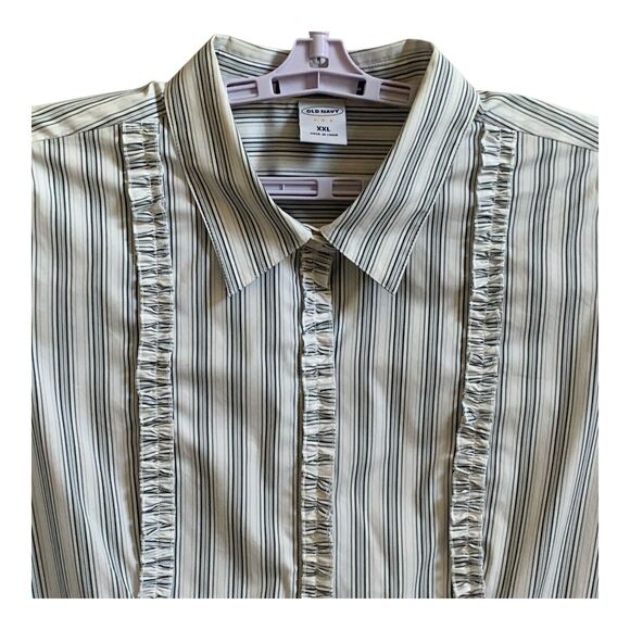 Old Navy Blouse XXL Blue Gray Striped Long Sleeve Ruffle Collared Stretch Shirt - Picture 2 of 12